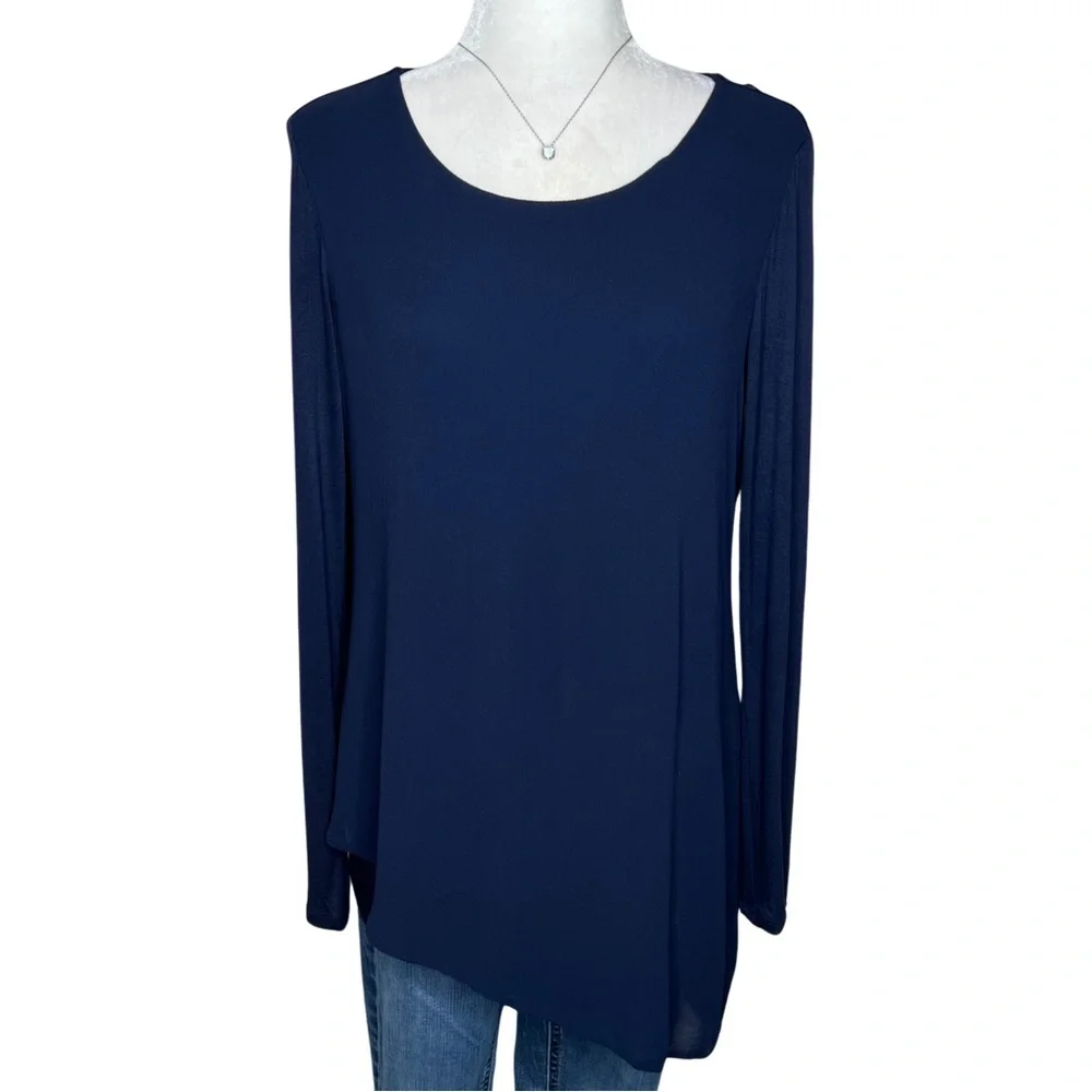 Chico’s Knit Woven Tunic Long Sleeve Asymmetrical Hem Navy Blue Small 570215863 - Picture 13 of 13